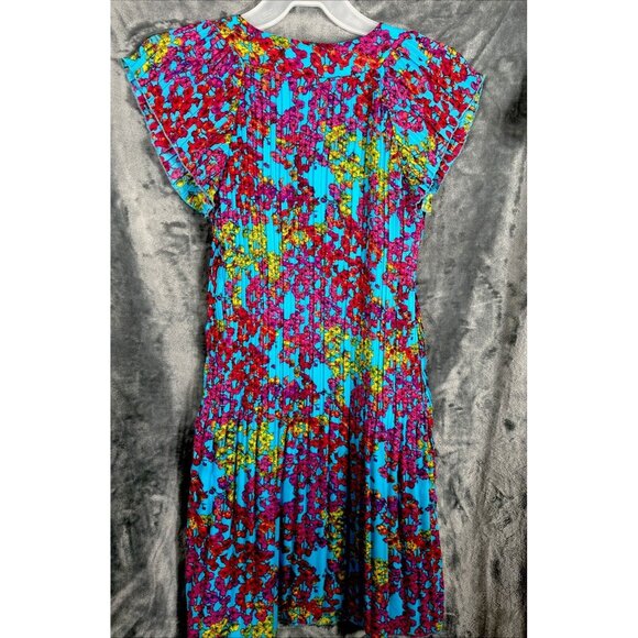 New Directions Dress Womens A Line Turquoise Blue Floral Pleated Short Sleeve - Picture 11 of 14